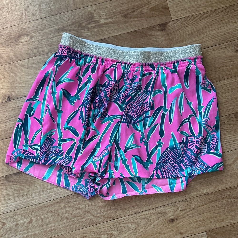 Lilly Pulitzer Pink Tropical Print Shorts with Gold Waistband